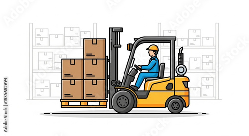 Warehouse Worker Operating Forklift Truck.