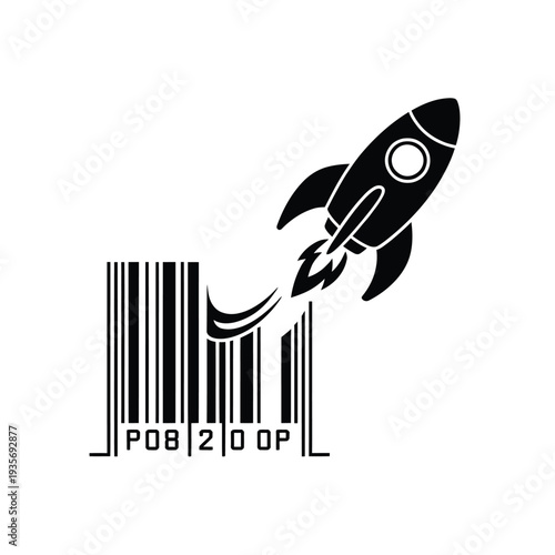 A black rocket ship launching from a barcode with text below