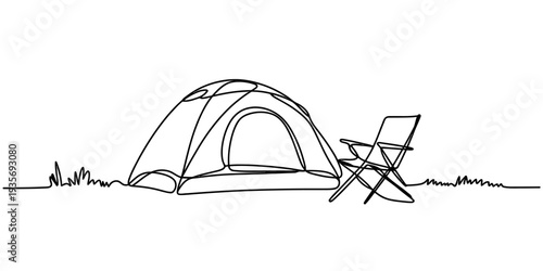 Camping tent and chair outline illustration line art