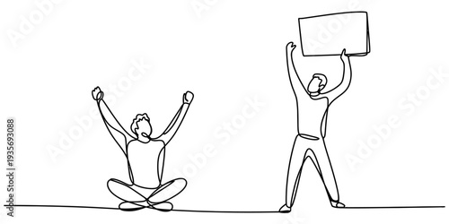 Protesters holding sign outline illustration simple line art