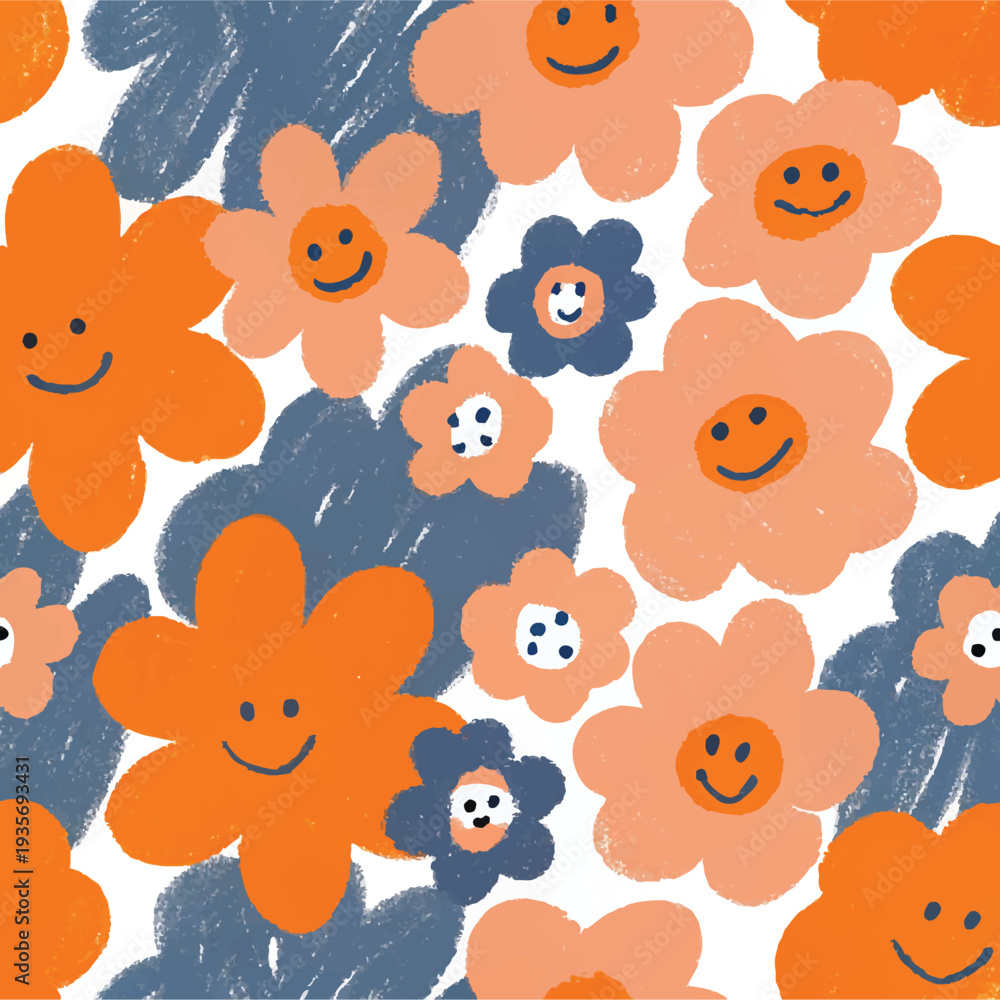 Naklejka premium Cute vector illustration set of a seamless pattern with funny cartoon flower nature flowers and butterflies for a fun baby art collection design