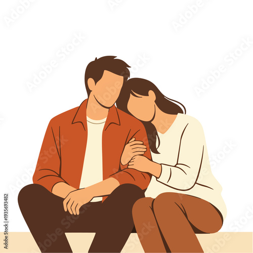 Romantic Couple Sitting Together Flat Vector Illustration.