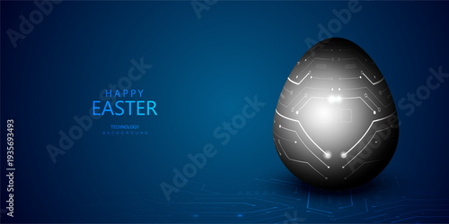Technology Easter Black And White Egg with electronic circuit lines. Artificial intelligence holiday card. AI futuristic concept vector on blue background.