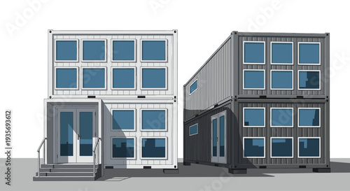 Modern two story container house design featuring white and gray industrial units with large glass windows on a plain base.