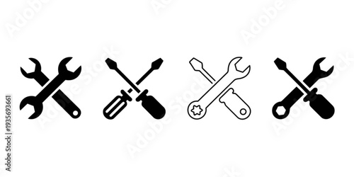 An assortment of four distinct black and white tool icons. Vector