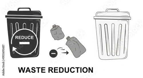 Waste Reduction Concept with Trash Cans and Recycling Symbol.