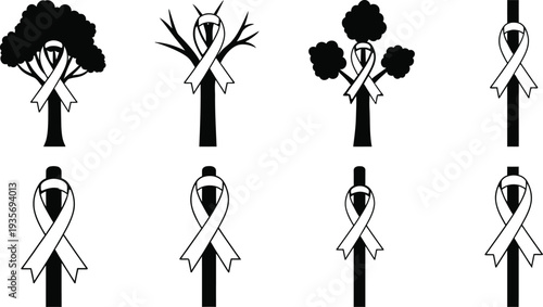 Icon set of tree silhouettes with ribbons for awareness and support
