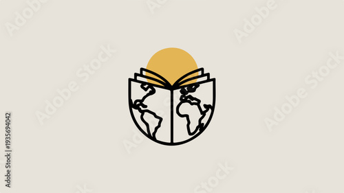Globe with open book on top symbolizing global education and learning on beige background