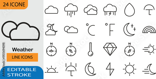 Weather Line Icons Set – Climate Forecast, Cloud, Rain and Temperature Outline Vector Icons with Editable Stroke