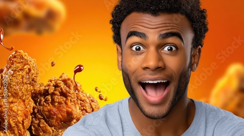 Excited Young Man Enjoying Delicious Crispy Fried Chicken