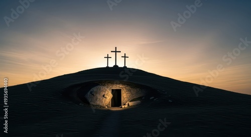 Empty tomb and crosses at sunrise