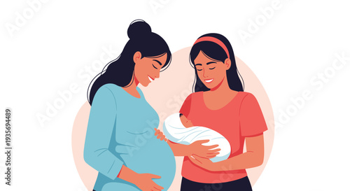 Smiling woman holding a newborn baby stands next to a pregnant woman in a supportive and caring maternal health illustration.
