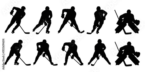 A collection of black and white silhouette images of ice hockey players in various poses Vector