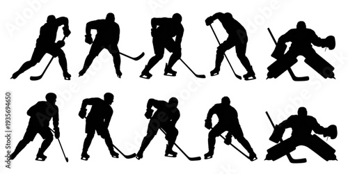 A collection of black silhouettes showcasing various ice hockey positions and actions Vector