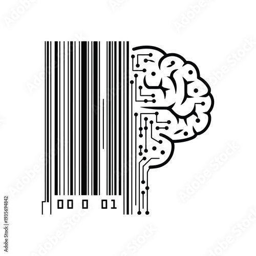 A barcode transitions into a brain representing data and intelligence