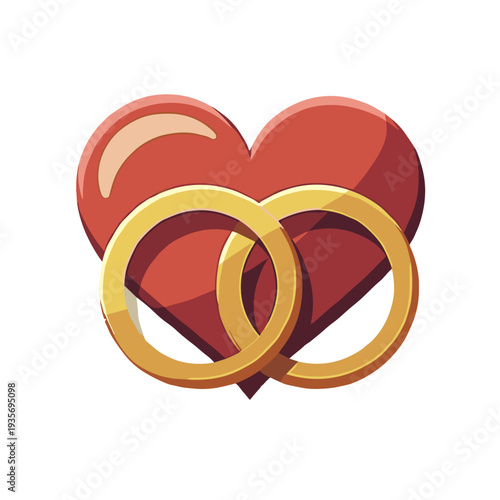 two golden wedding rings with red heart background isolated on transparent background, with copy space, for marriage blogs, greeting cards and bridal design