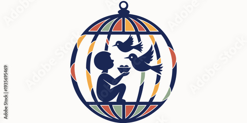 A dark blue illustration of a child feeding birds inside a birdcage
