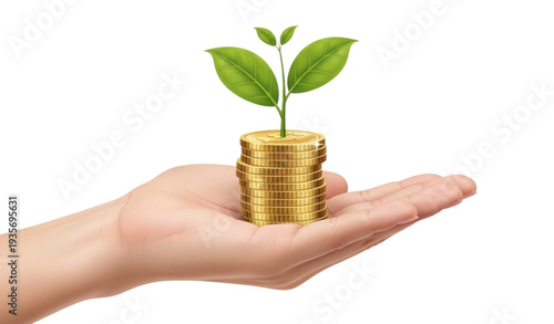 A hand holding a stack of gold coins with a small plant growing on top