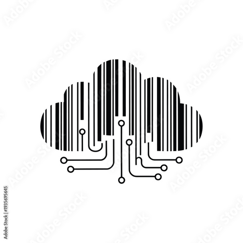 A black cloud shape incorporating a barcode and circuit board design