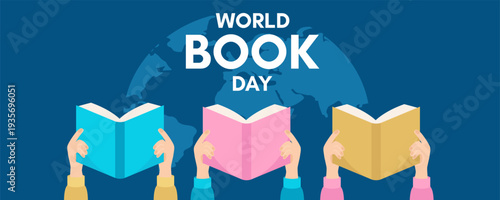 World Book Day Banner. People Reading Colorful Books. Modern Flat Vector Illustration on Blue Background