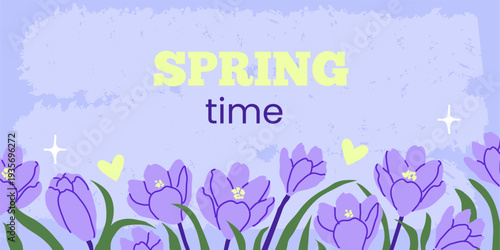 Spring background with blooming crocus flowers. Poster, banner, greeting card vector illustration for spring holidays. 
