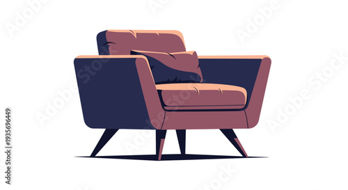 Stylish modern armchair with dark purple upholstery and minimalist wooden legs stands alone against a clean white backdrop.