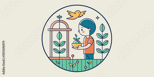 A young person tending to a plant inside a decorative greenhouse