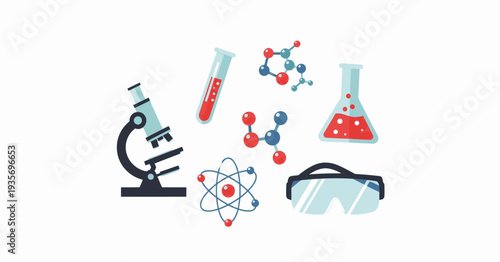 Chemistry and science icons microscope, molecules, test tubes, and safety goggles