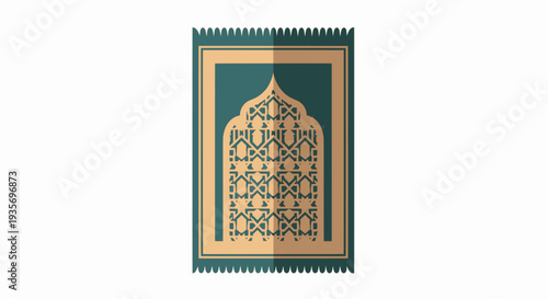 Islamic prayer mat with intricate geometric patterns and tasseled edges