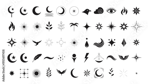 Collection of stylized black vector icons representing spiritual elements celestial themes religious symbols and natural forces for graphic design projects .vector