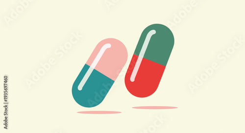 Pair of colorful medical capsules in pink blue and red green colors symbolizing pharmaceutical treatment and health care.