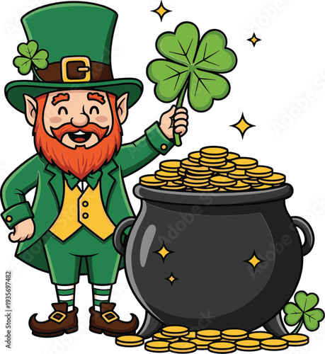 Leprechaun with pot of gold and shamrock brings good luck and fortune