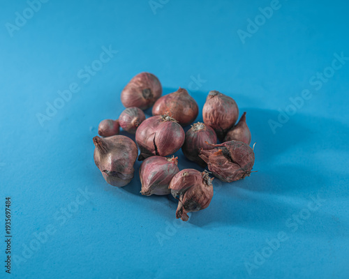 Pile of Fresh Shallots on Blue Background
