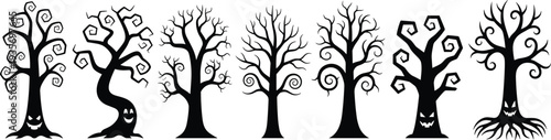 Set of black silhouette vectors for spooky Halloween trees with twisted branches and scary faces for creepy forest and holiday design