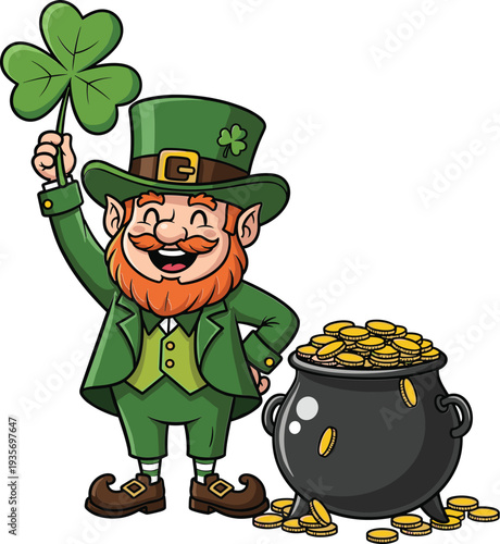 Leprechaun holding shamrock standing beside pot of gold coins on white