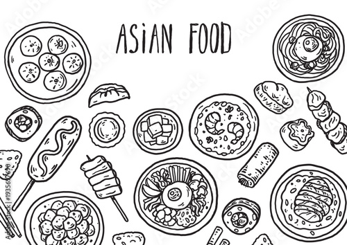 Hand drawn asian food sketch . Whimsical food and drink doodles set. Hand drawn vector illustration for menu, packaging design. Asian cuisine quirky icons, simple sketch style. Minimalist line art