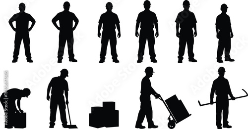 Construction worker silhouettes, hard hat safety, box lifting, broom sweeping, hand truck pushing, crowbar holding, teamwork illustration, occupational safety artwork design