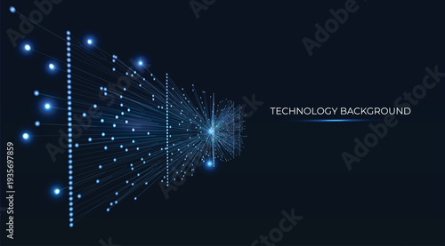 Futuristic fiber optic threads form an elegant infinite light panel of multiple pulsing lines, creating mesmerizing depth vanishing into a glowing bright blue universe galaxy. Flares, Technology Art