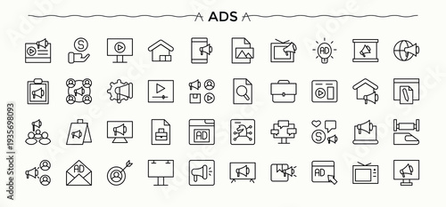 Ads vector line icon set. Line icons with editable stroke. Included campaign, advertising, marketing, market, business. Art and illustration. Advertising icon set.