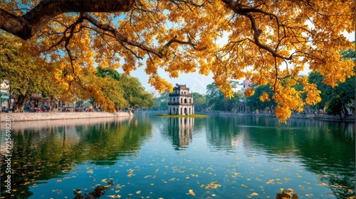Serene Autumn Reflection at Hoan Kiem Lake in Hanoi, Vietnam