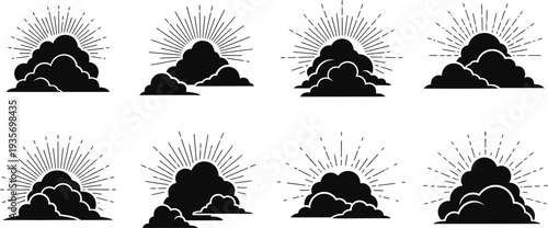Icon set of diverse mountains with radiant sunburst elements