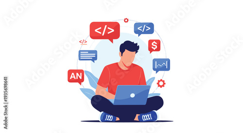 Focused software developer sitting on the floor with a laptop surrounded by coding symbols finance icons and growth charts.