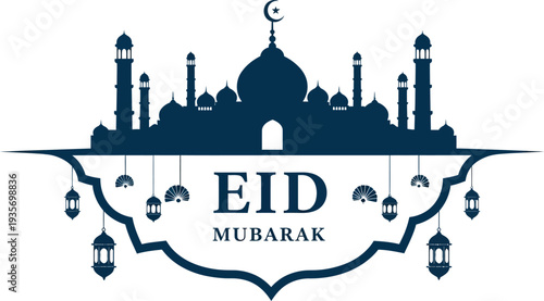 Celebration illustration for the islamic festival of eid mubarak with mosque silhouette