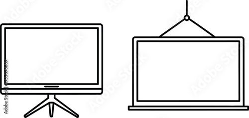 Two blank screens one on a stand and one hanging for display or presentation purposes
