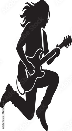 Minimalist Stage Jumping Guitarist Silhouette Vector Illustration - Mid-Air Rock Musician isolated on White