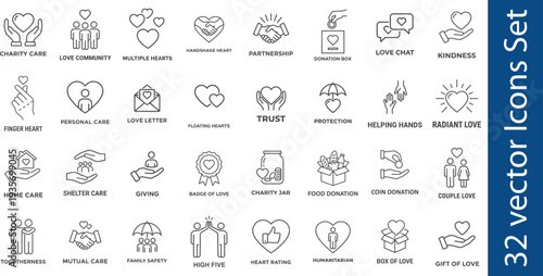 Charity care line icon set in line style. Collection of donation, line icons, including humanitarian aid, volunteer, community, love, kindness, social welfare and more.