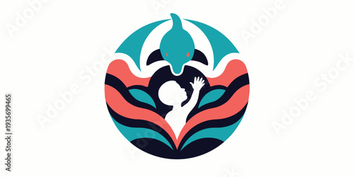 A child reaches towards a dolphin swimming within a circular wave design