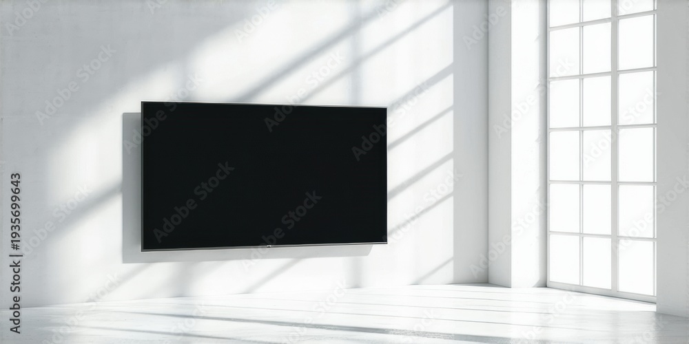 Fototapeta premium Minimalist room features wallmounted television. Bright light creates strong shadows, highlighting clean lines, empty space. Modern interior design.