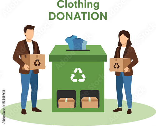 Man and woman donating cardboard boxes of old clothes to a green recycling bin for charity and sustainability