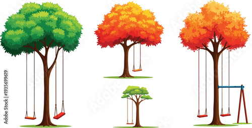 Colorful autumn and summer trees with wooden swings, cartoon vector landscape design, seasonal nature illustration, outdoor park playground background.